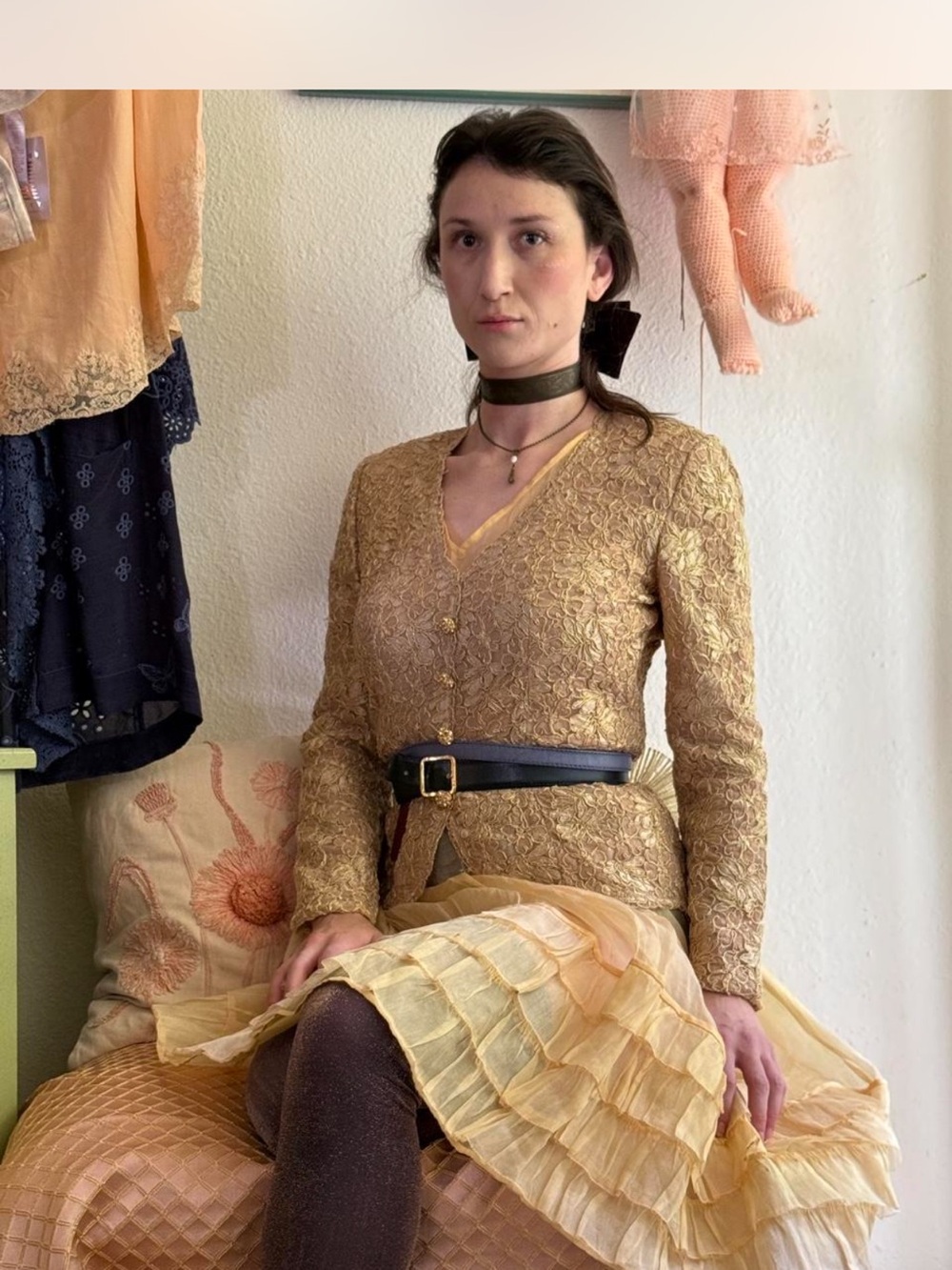 Vintage 90s Tailored Gold Lace Button Down Top Small - Picture 4 of 6